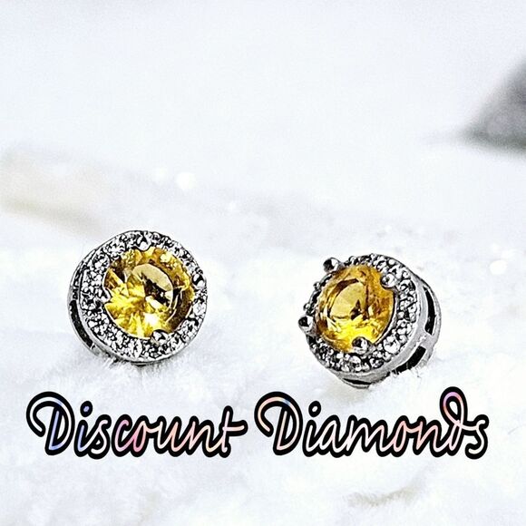 Dainty Round Yellow Sapphire & Clear White Baguette Diamond Earrings on 925 - Picture 1 of 10